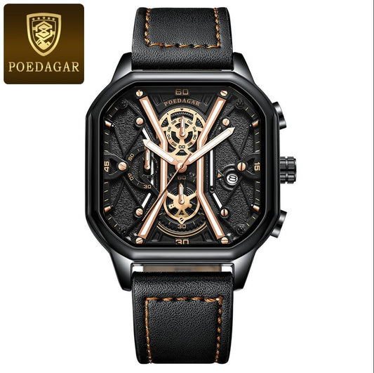 POEDAGAR Luxury Wristwatches Chronograph Leather Quartz Men's Watches - Black Gold_0