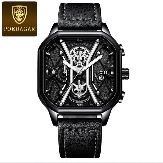 POEDAGAR Luxury Wristwatches Chronograph Leather Quartz Men's Watches - Black Silver_0