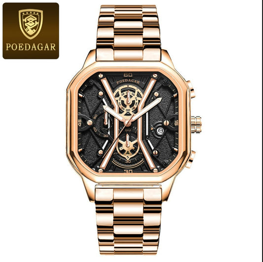 POEDAGAR Luxury Wristwatches Chronograph Leather Quartz Men's Watches - Gold_0