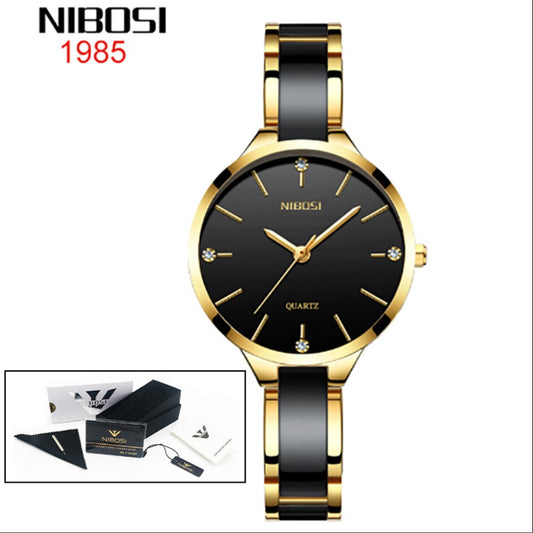 NIBOSI Luxury Ceramic Ladies Bracelet Watches - Gold Black_0